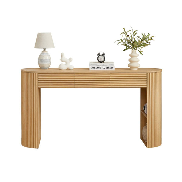 English Elm [video] Retro Fluted Console Table with 3 Drawers Open Niche Mid-century Entryway Natural N759P283616N