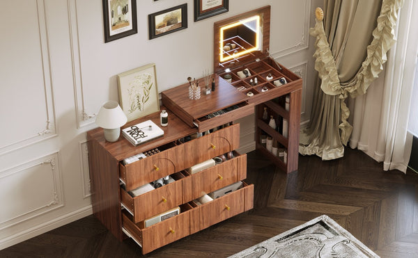 English Elm Vanity LED Mirror Desk with Flip-Top Dual Function, 7 Drawers & Multiple Shelves for Organized Glam Walnut 47.24 L x 19.69 W x 6.5 H N733S363650H