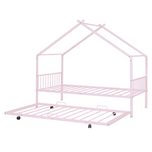 English Elm Twin House Metal Platform Bed with Trundle for Kids — Sturdy 350lb Capacity, Playful Loft Frame Design Pink MF323494AAH