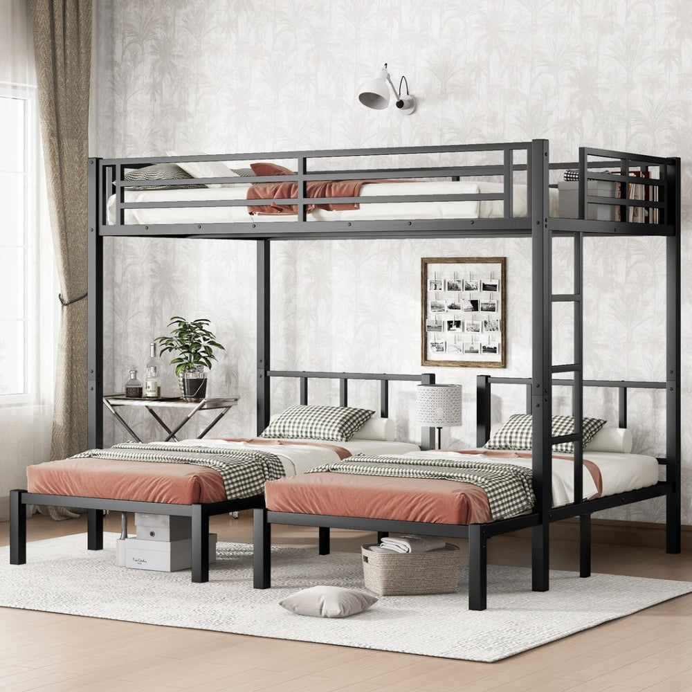 English Elm Twin Metal Triple Bunk Bed With Safety Guardrails - Space-Saving, Noise-Reducing Design In Black W1580S00146-GIGA