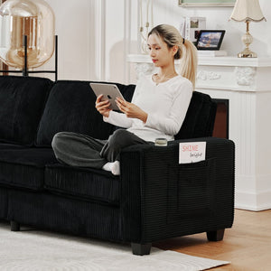 English Elm 84.25-inch Corduroy Three Seater Sofa with Cup Holders Modern Minimalist Living Room Couch Black W288P399981