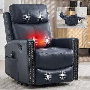 English Elm Blue Genuine Leather Rocker Swivel Recliner with Massage Heat for Living Room W1803P323714