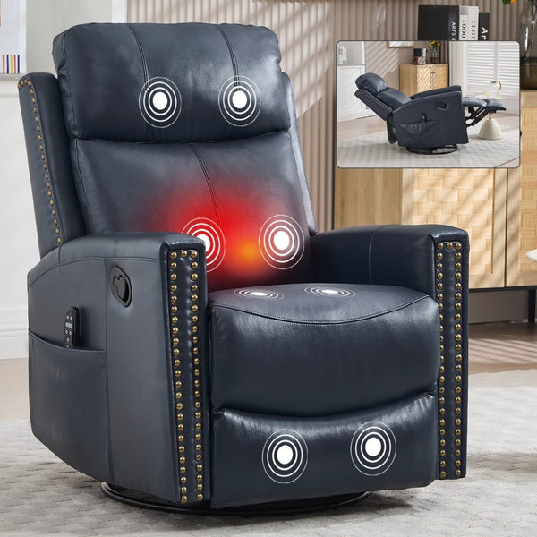 English Elm Blue Genuine Leather Rocker Swivel Recliner with Massage Heat for Living Room W1803P323714
