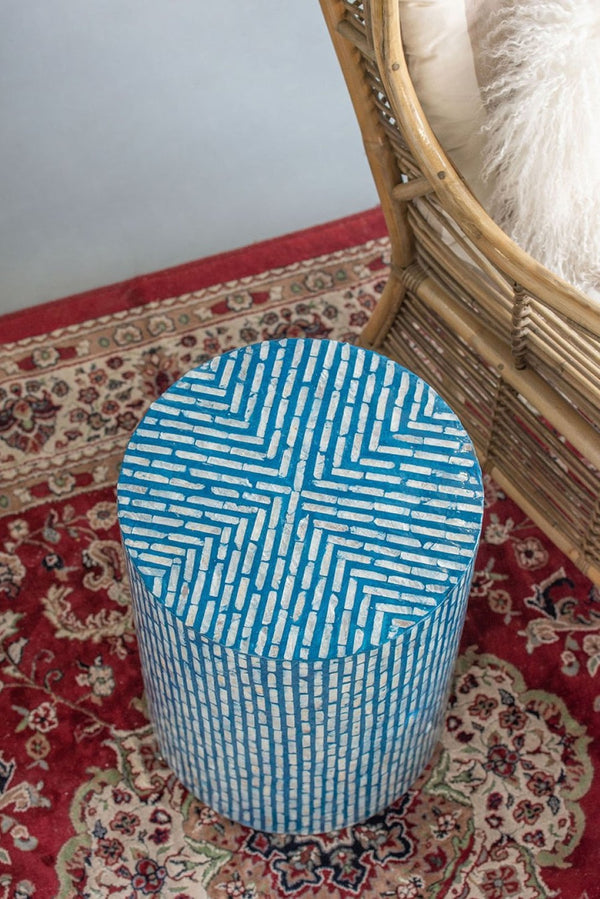 English Elm 14x14x20" Capiz Shell Inlay Pedestal Stool Coastal Bohemian Accent Side Table W2078P487474