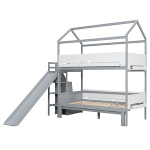 English Elm House-shaped Pine Bunk Bed with Built-in Slide Storage Staircase Twin Over Full Kids Frame Grey+White N820S00082E