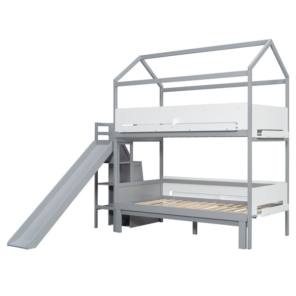 English Elm House-shaped Pine Bunk Bed with Built-in Slide Storage Staircase Twin Over Full Kids Frame Grey+White N820S00082E