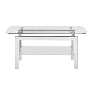 English Elm Rectangle Mirrored Tempered Glass Coffee Table with Lower Shelf, Modern Stainless Legs, Sleek Silver Finish W1005P261281