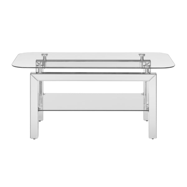 English Elm Rectangle Mirrored Tempered Glass Coffee Table with Lower Shelf, Modern Stainless Legs, Sleek Silver Finish W1005P261281