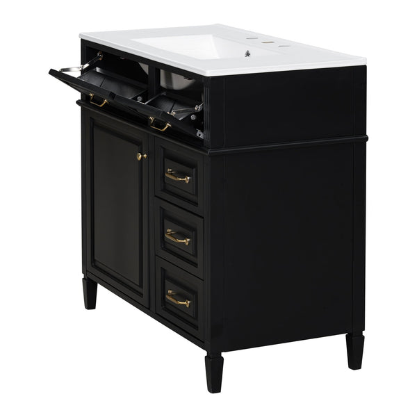 English Elm 36-Inch Bathroom Vanity With Ceramic Sink Top, Adjustable Shelf, And Modern Flip Drawer Design For Storage N725P350849B