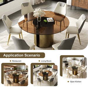English Elm 59-Inch Modern Round Dining Table Set With 6 Chairs - Elegant Dark Brown Glass Top & Copper Legs W509S00147
