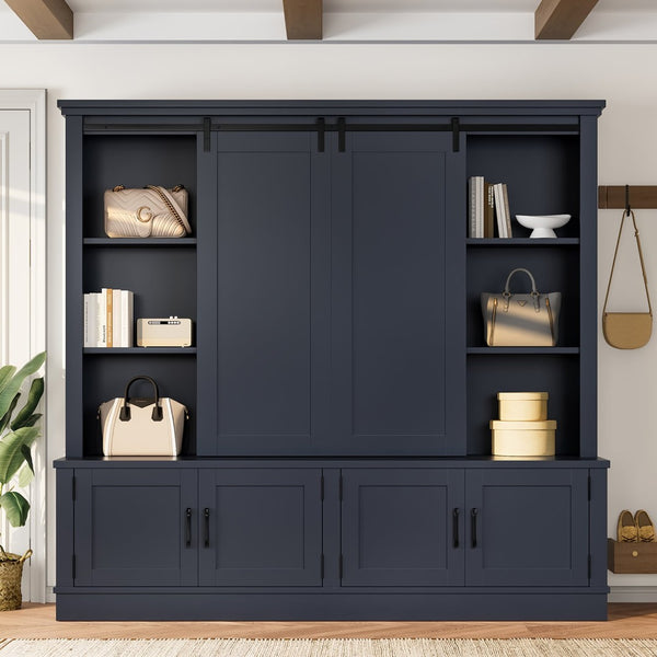 English Elm The Industrial Barn Door Entryway Cabinet with Sliding Rails and 12 Storage Compartments Blue W1580S00272