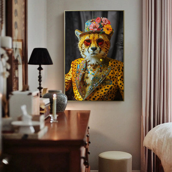 English Elm Abstract Cheetah Canvas Art in Gold Leopard Suit with Sunglasses and Flower Hat – Modern Wall Decor for Home Office W3374P322233