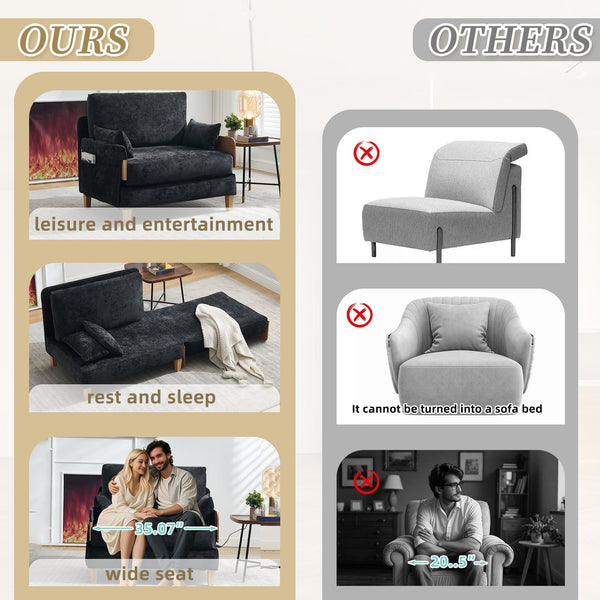 English Elm Foldable sofa bed recliner with three pillows, 3-in-1 convertible sleeper for small spaces, mid-century modern comfort Black W395P290560