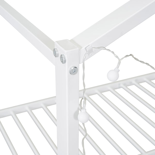 English Elm Full House Bed Frame with Shelves & LED Lights — Metal + Wood Full-Size Playhouse Bed for Kids Room Decor White N737P176706K