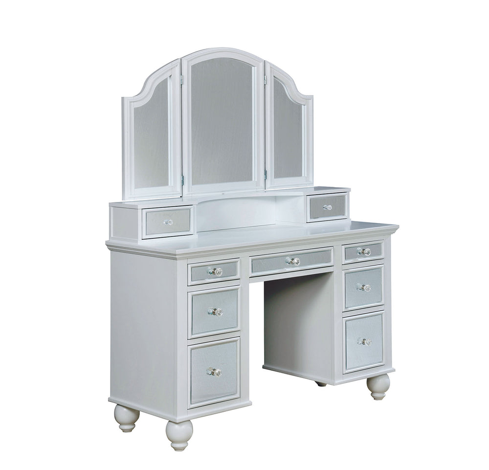English Elm White Glam Vanity Set with Stool and Tri-Fold Mirror, Shimmer Inserts, Upholstered Stool, Drawers B2741P400818