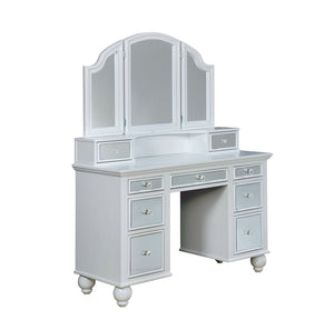 English Elm White Glam Vanity Set with Stool and Tri-Fold Mirror, Shimmer Inserts, Upholstered Stool, Drawers B2741P400818
