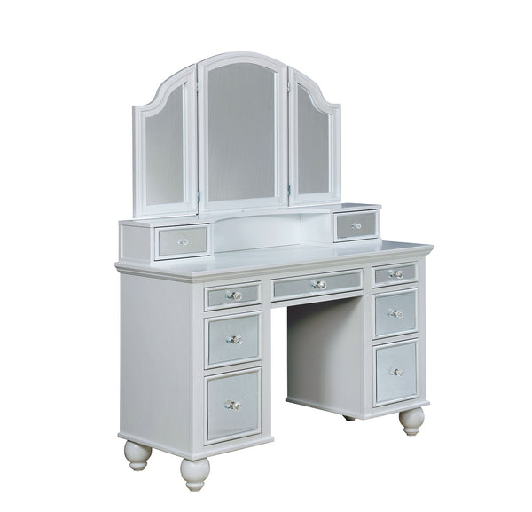 English Elm White Glam Vanity Set with Stool and Tri-Fold Mirror, Shimmer Inserts, Upholstered Stool, Drawers B2741P400818