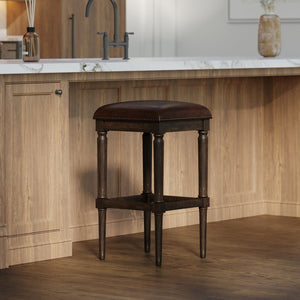 English Elm 31"h Distressed Walnut Bar Stool Carved Wood Frame with Upholstered Faux Leather Seat B2751P436461