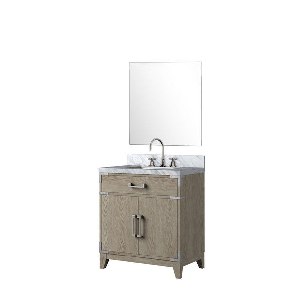 English Elm Grey Oak 30" Single Bath Vanity Set With Carrara Marble Top, 28" Mirror & Chrome Faucet Included B2731S02005