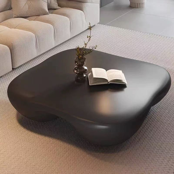 English Elm Modern Faux Travertine Coffee Table with Fiberglass Strength, Piano Finish, Sculptural Round Base, 42.9" Black W2085P359732