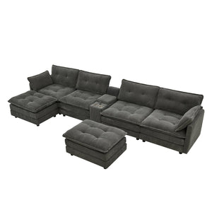 English Elm 154" Corduroy U-shaped Sectional with Ottomans Six Seat Modular Cloud Sofa Usb Console Grey W1998S00103