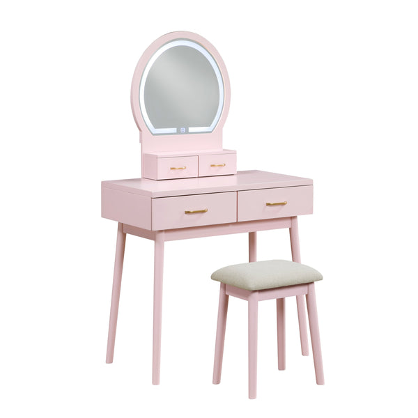 English Elm Beautiful Pink Vanity Set with Mirror & Stool, Storage Drawers, Elegant Bedroom Makeup Station B011P300057