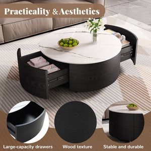 English Elm Modern Round Coffee Table with Sintered Stone Marble Top, Locking Casters, 2 Soft-Close Drawers, Space-Saving Design Black N735P328523B
