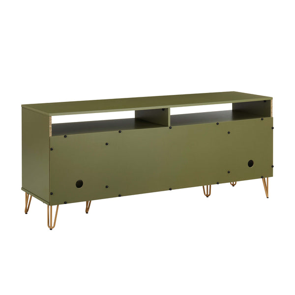 English Elm Dumbo 63" Fluted Media Console with Gold Legs, 2 Drawers, 6 Shelves & Wire Management Elegance Olive Green B365P397921