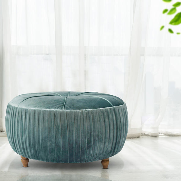 New Pacific Direct Helena Velvet Round Ottoman – Elegant Plush Upholstery With Wooden Legs, Perfect For Any Décor! Emerald 100% Polyester 1600007-185-npd
