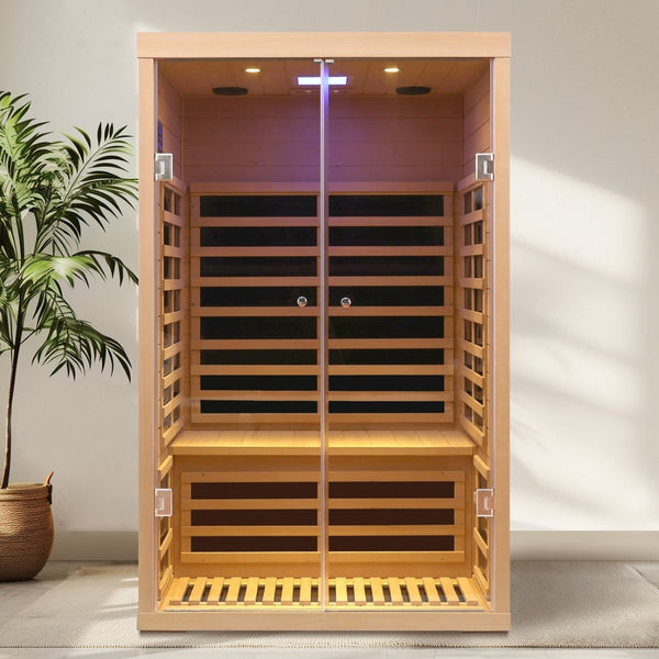 English Elm Low Emf Two Person Hemlock Far Infrared Sauna with Double Glass Doors and Bluetooth W632S00022
