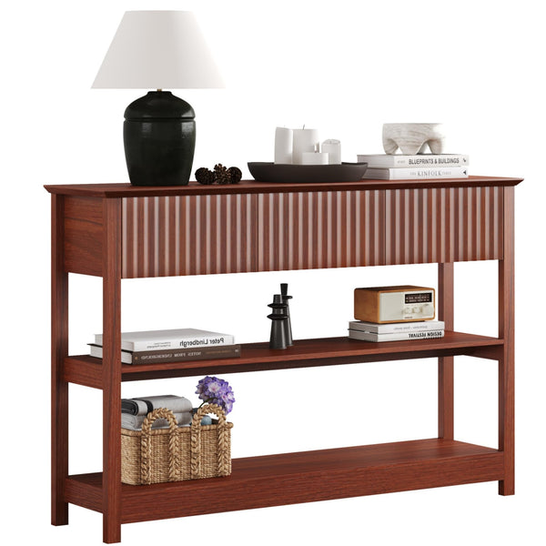 English Elm 47″ Fluted MDF Console Table with 3 Drawers & Open Shelf, Brown Cherry Finish for Entryway Elegance T3771P369064
