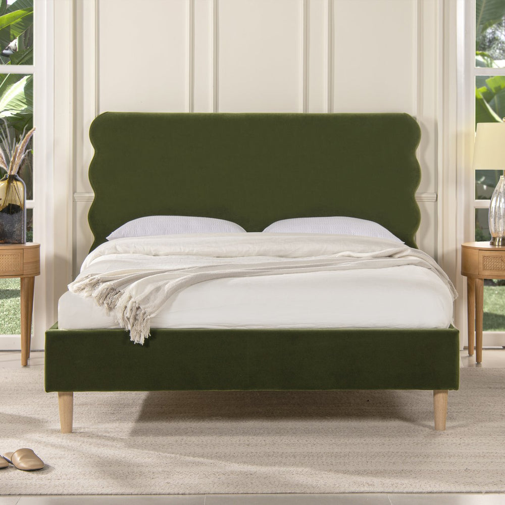 English Elm Jennifer Taylor Home - Stockholm Queen Platform Bed With Wavy Headboard In Olive Green Velvet - Stylish Comfort & Durability B2719P238204