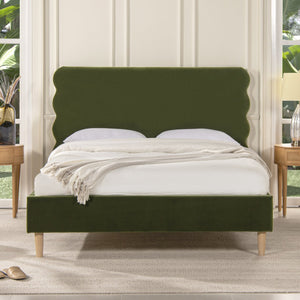 English Elm Jennifer Taylor Home - Stockholm Queen Platform Bed With Wavy Headboard In Olive Green Velvet - Stylish Comfort & Durability B2719P238204