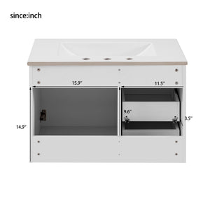 English Elm 30" Bathroom Vanity with Sink — Wall-Mounted Ceramic Basin, Soft-Close Storage, Floating Modern Design White N710S324096K