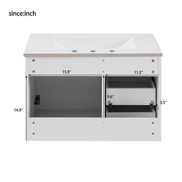 English Elm 30" Bathroom Vanity with Sink — Wall-Mounted Ceramic Basin, Soft-Close Storage, Floating Modern Design White N710S324096K