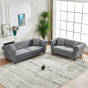 English Elm 3+2 Seater Chesterfield Velvet Sofa Set - Modern Gray Upholstery With Nailhead Trim For Elegance W3373S00014