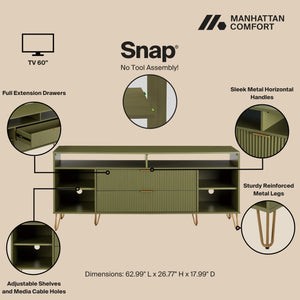 English Elm Dumbo 63" Fluted Media Console with Gold Legs, 2 Drawers, 6 Shelves & Wire Management Elegance Olive Green B365P397921