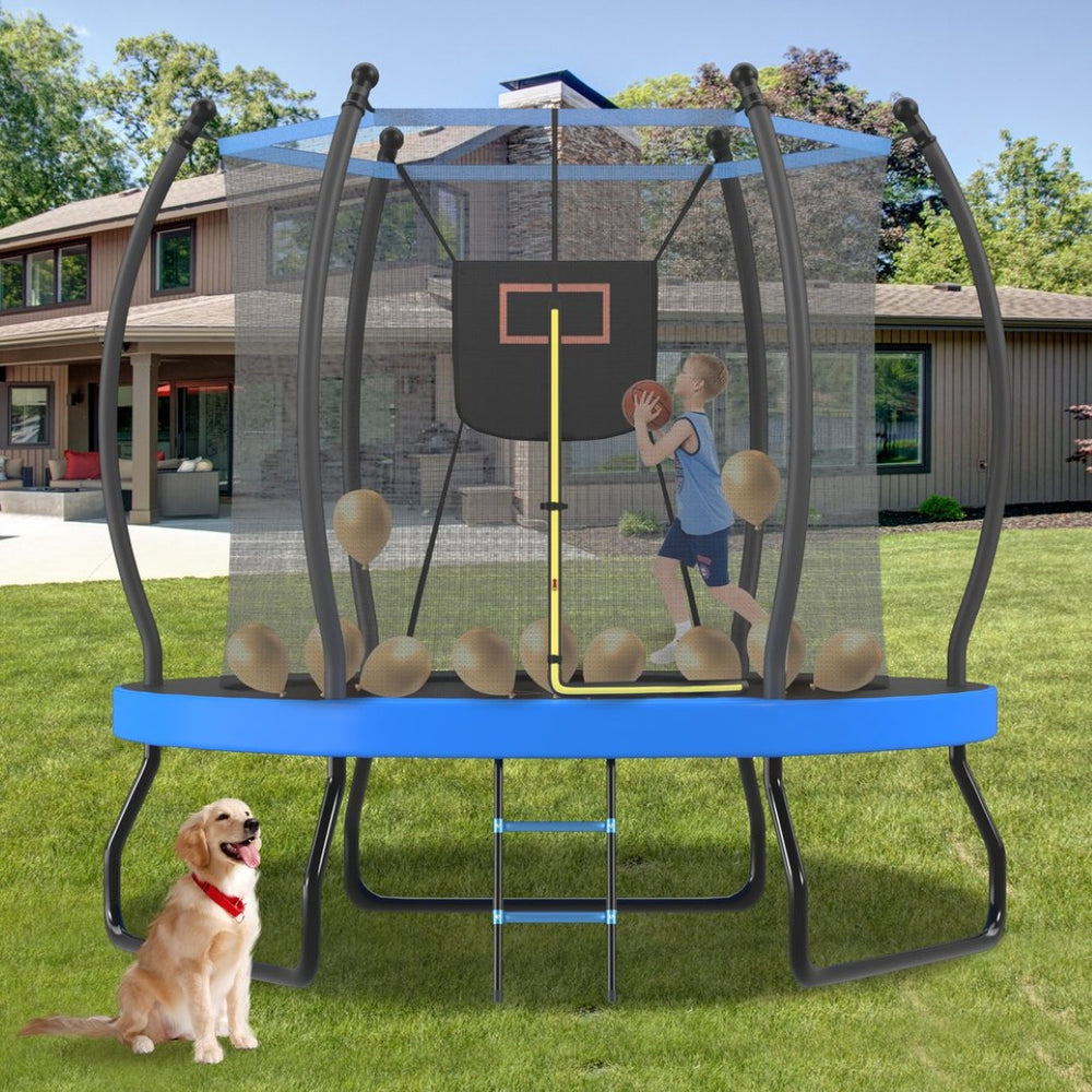 English Elm 8ft Round Backyard Trampoline with Enclosure Net Basketball Hoop and Safety Ladder N739P307894C