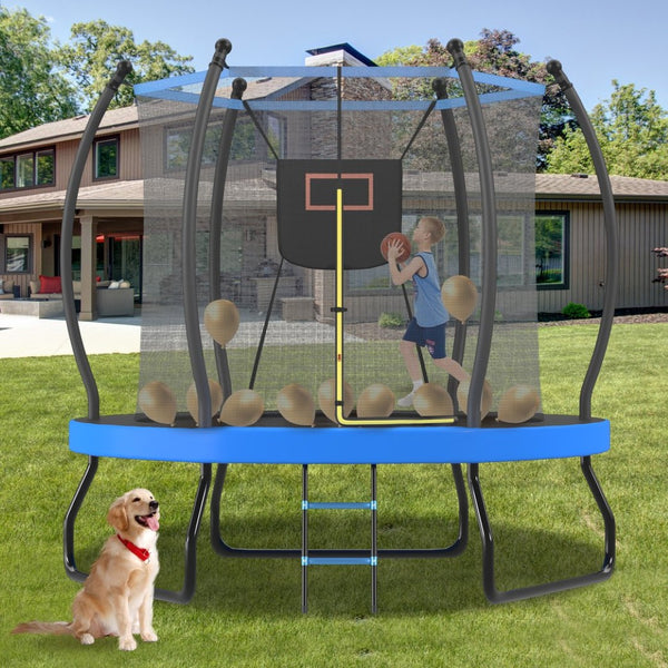 English Elm 8ft Round Backyard Trampoline with Enclosure Net Basketball Hoop and Safety Ladder N739P307894C