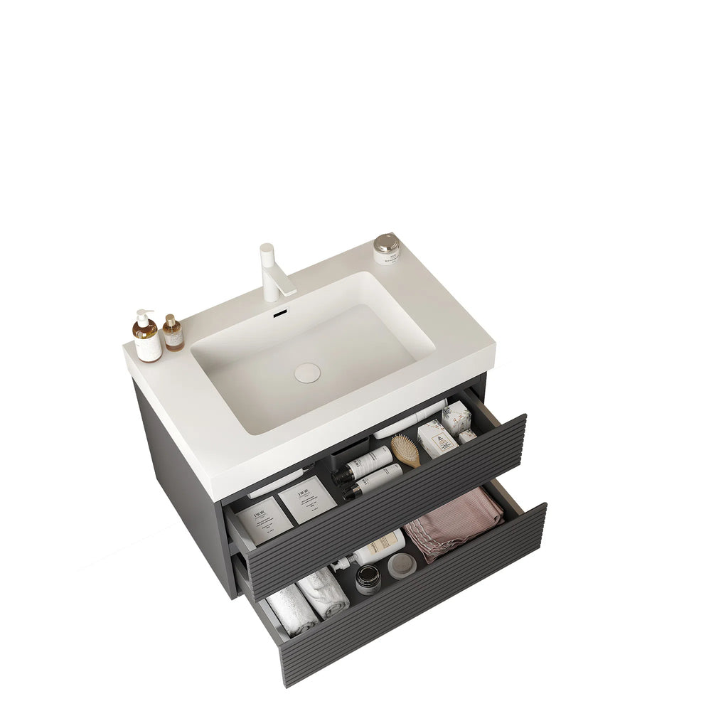 English Elm VENO 30" Modern Wall-Mounted Bathroom Vanity with Integrated Rectangular Basin, Gray Striped Plywood Drawers, Soft-Close Storage W2615S00042