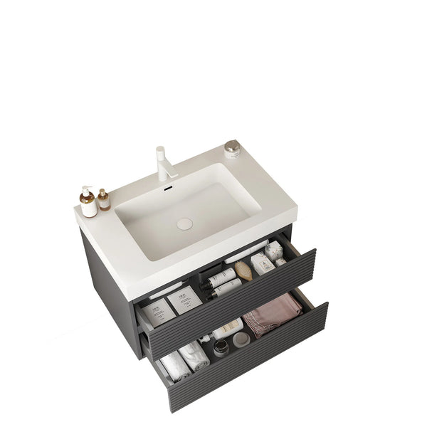 English Elm VENO 30" Modern Wall-Mounted Bathroom Vanity with Integrated Rectangular Basin, Gray Striped Plywood Drawers, Soft-Close Storage W2615S00042