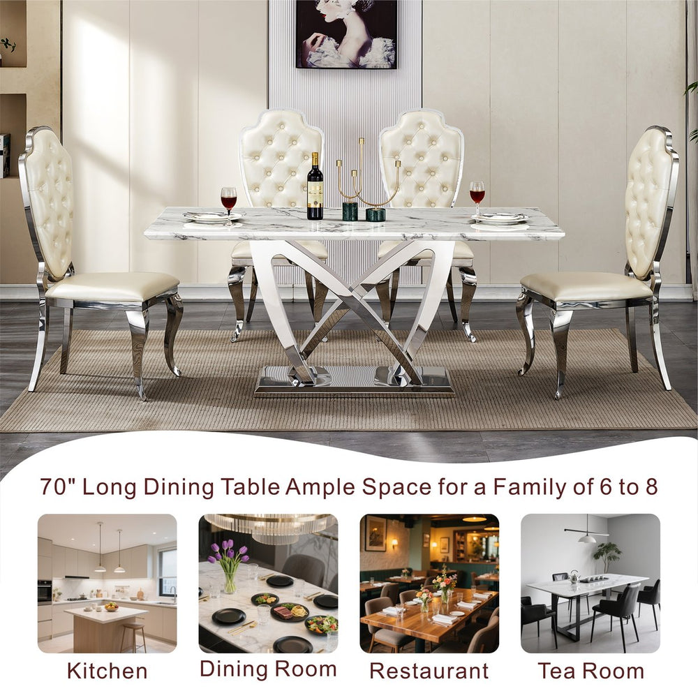 English Elm Marble Dining Table For 6-8 People, Modern Rectangle Faux Marble Top With Stylish Stainless Steel Base W3456S00050