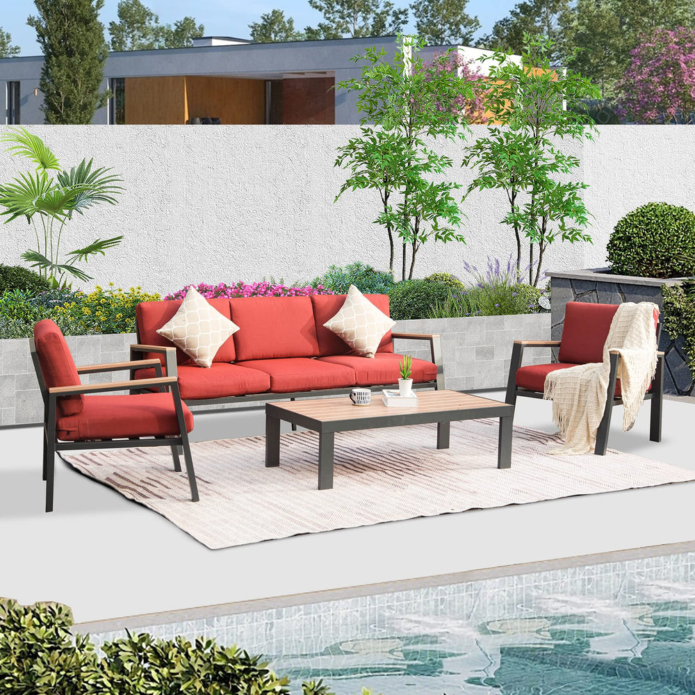 English Elm 4 Pieces Aluminum Outdoor Patio Furniture Set with 3-Seat Sofa, Table & Plush 7" Cushions, Red – Modern Durable Design for Garden Relaxation W1859S00089