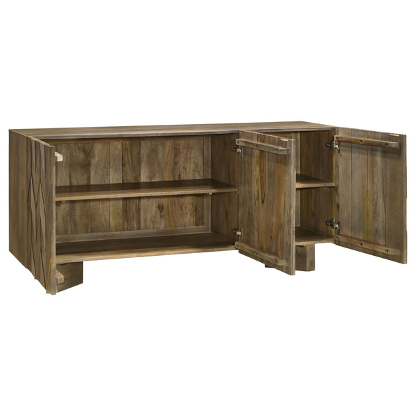 English Elm Roman Mango Brown Chevron 3-Door Server with Ornate Bracket Feet, Adjustable Shelves & Rustic Charm B062P358298