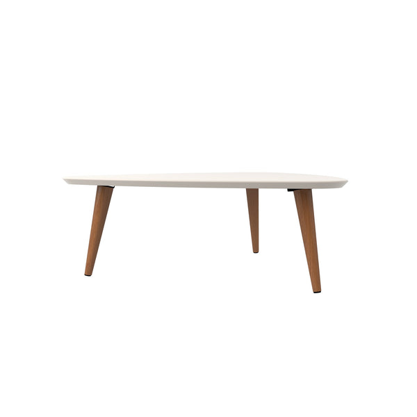 English Elm Utopia 34" Triangle Coffee Table Off White — Sleek Lacquered MDF Top, Solid Wood Splayed Legs, Durable Elegance B365P398086