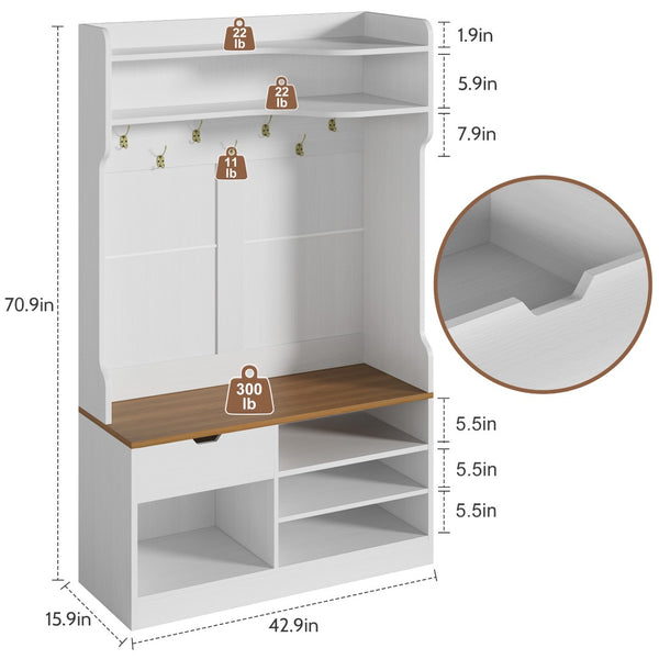 English Elm Hall Tree Entryway Organizer with Flip Shoe Storage Bench Coat Hooks and Drawer White+Walnut T5618P448220