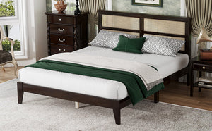 English Elm Queen Rubberwood Bed with PE Rattan Headboard, Espresso Finish, Solid Frame, 14 Slats, 300lb Capacity W504P252031