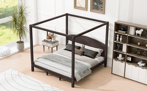 English Elm King Canopy Platform Bed with Headboard and Support Legs — Modern Pine Wood Frame, Sturdy 650lb Capacity Brown WF309291AAD