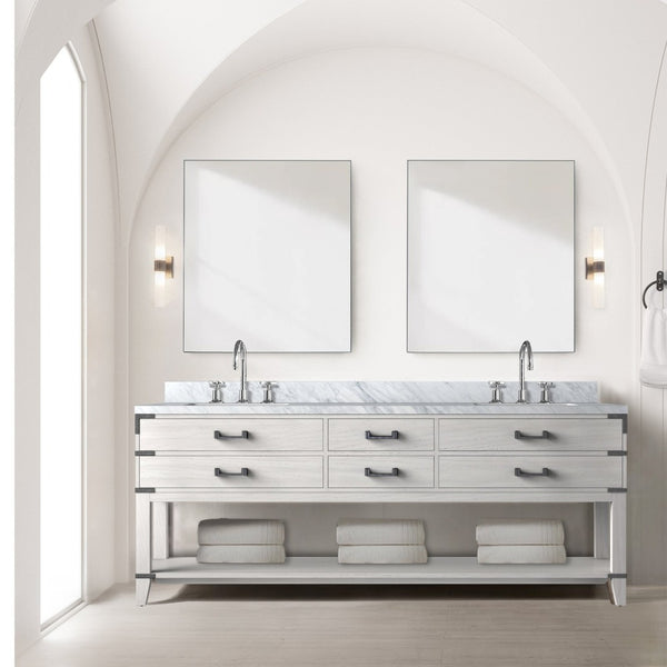 English Elm White Oak Double Bath Vanity With Carrara Marble Top, Faucet Set & Ample Storage For Style B2731P260398-GIGA