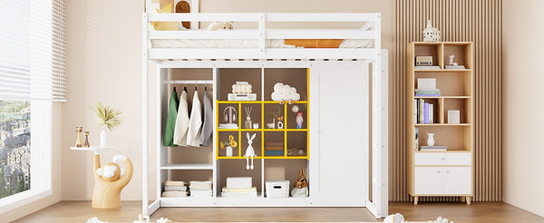 English Elm Twin Loft Bed with Wardrobe Shelves and Cabinet Kids Bedroom Wood Storage Frame Yellow+White N708S00023K